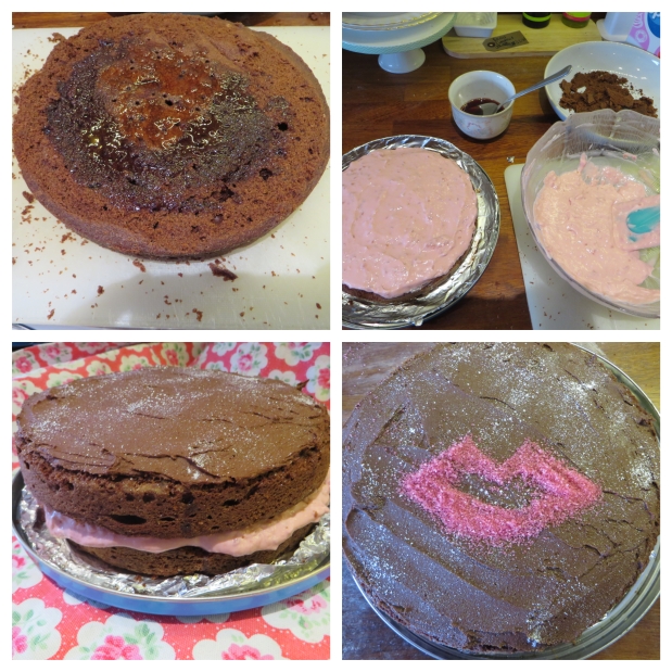 Chocolate lips cake construction stages